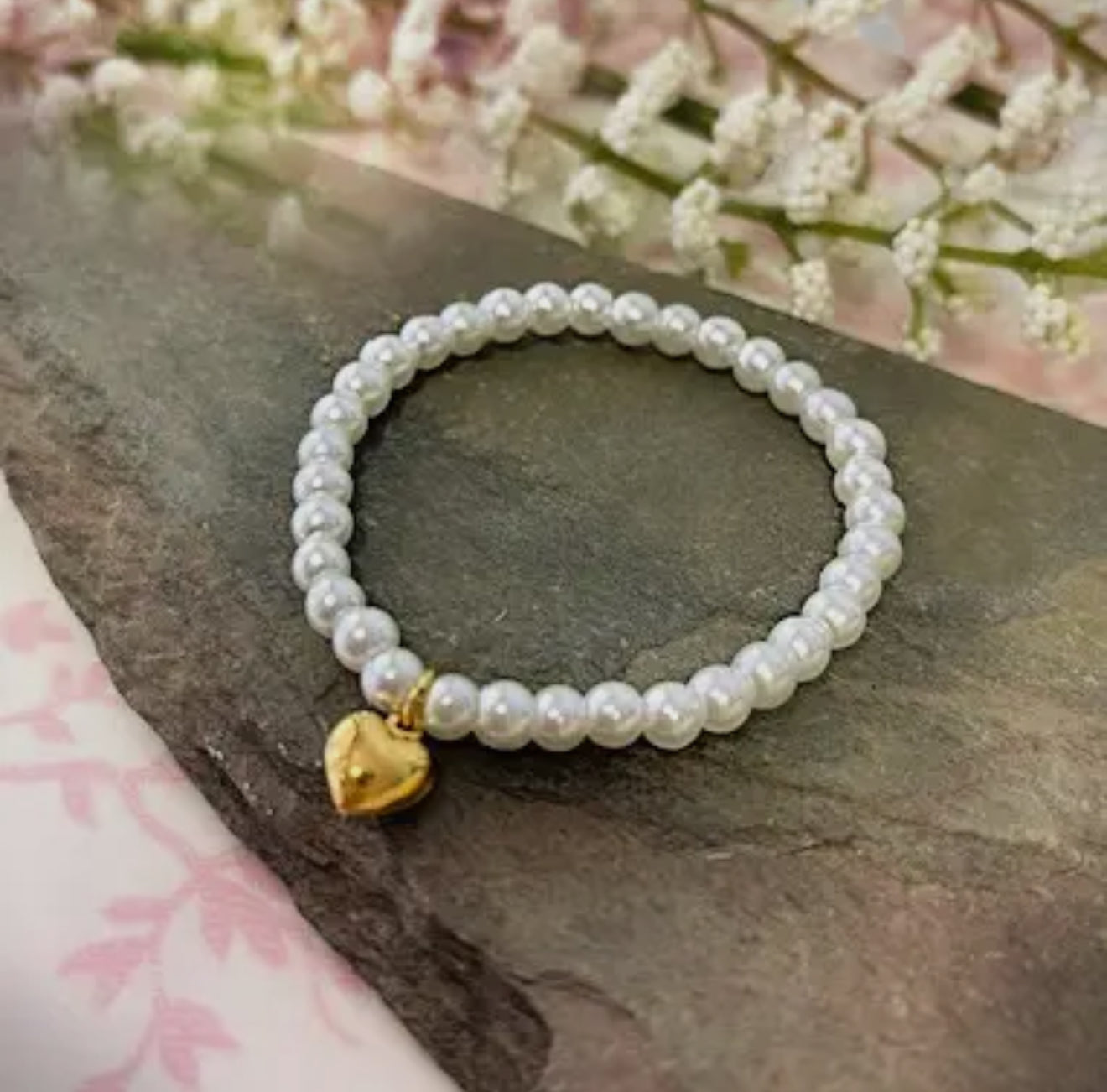 Gold Puffy Heart Pearl Bracelet