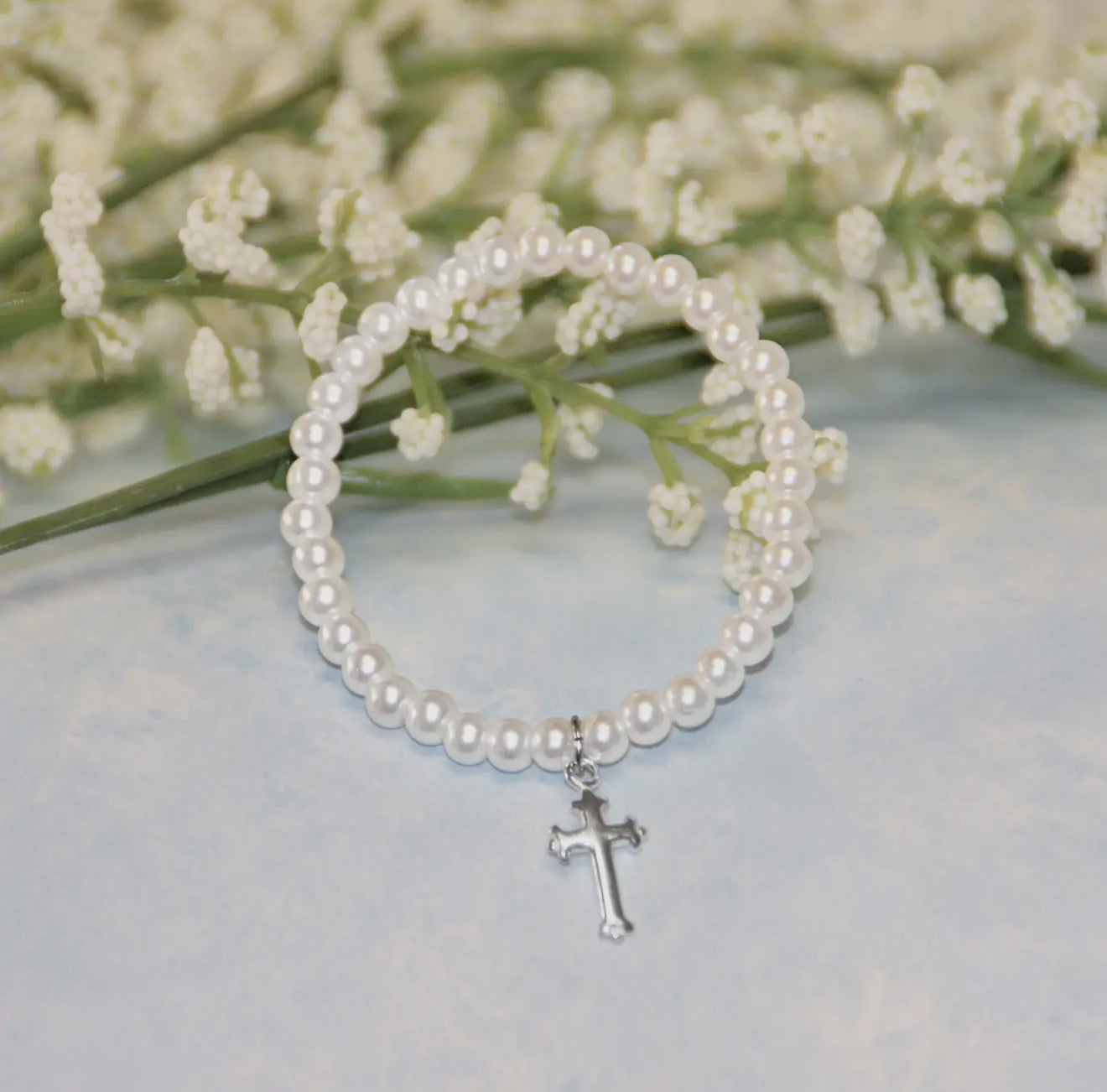 Pearl bracelet with Sterling Cross 5”