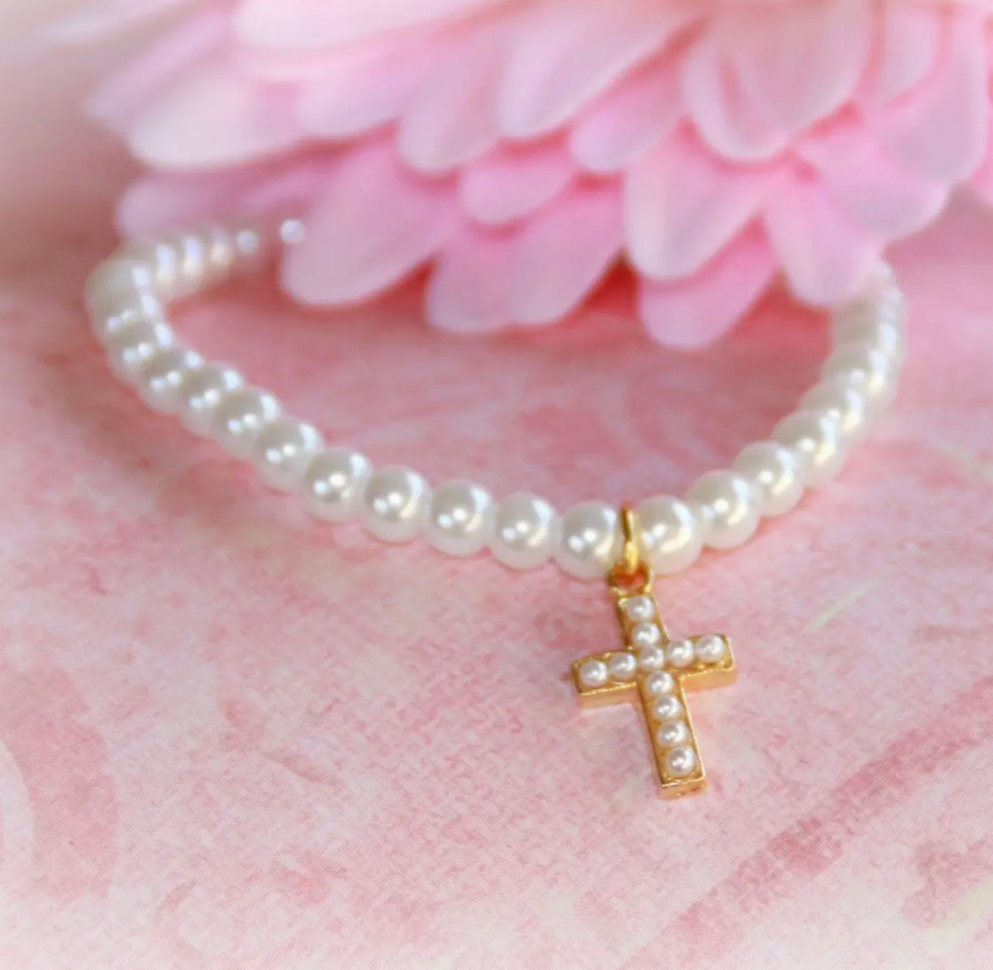 Gold Cross Pearl 6" Bracelet