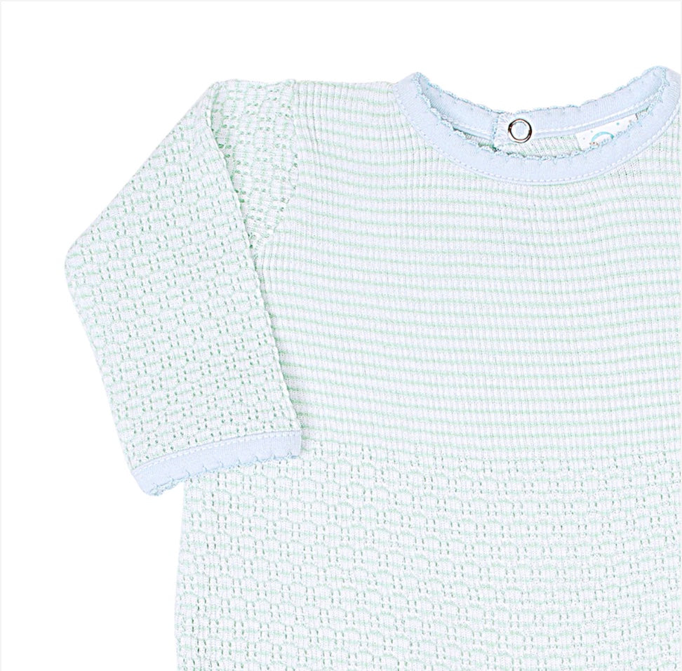 Paty Knit Mint Romper with Blue Trim