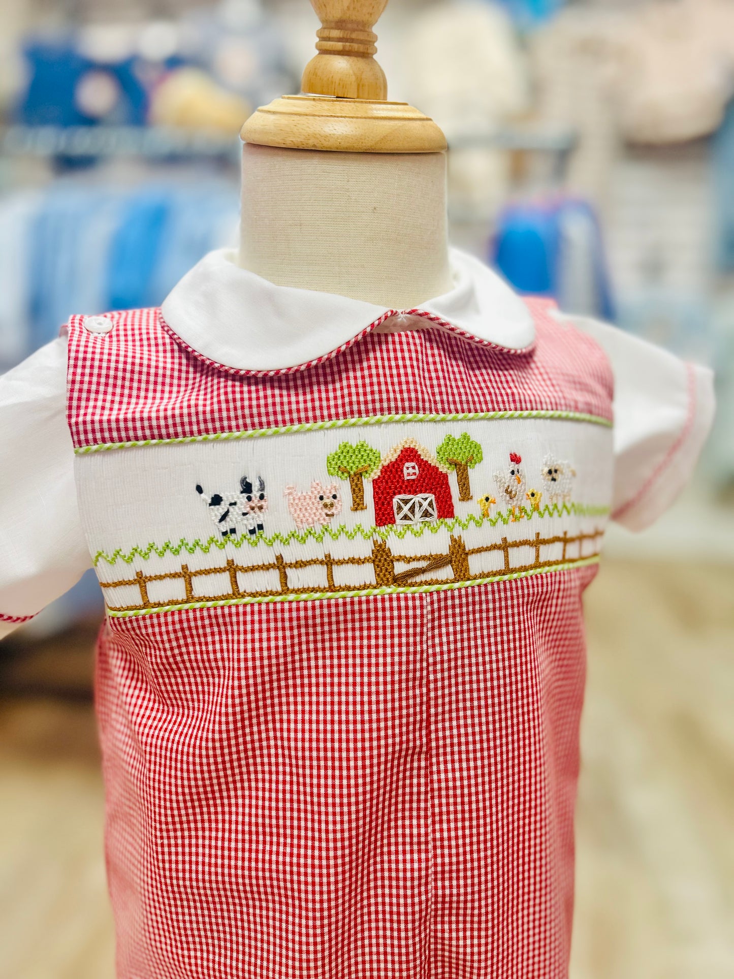 Red Check Smocked Farm Shortall