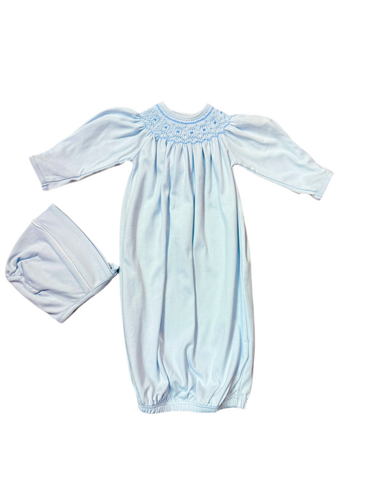 Tim’s Blue Smocked Gown & Bonnet