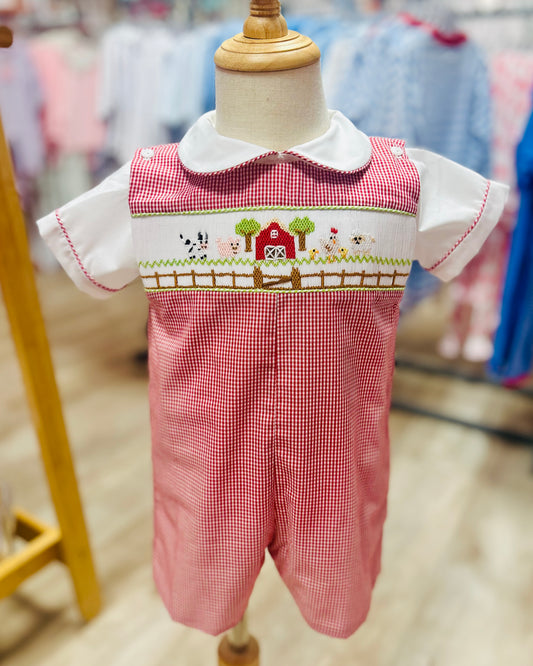 Red Check Smocked Farm Shortall
