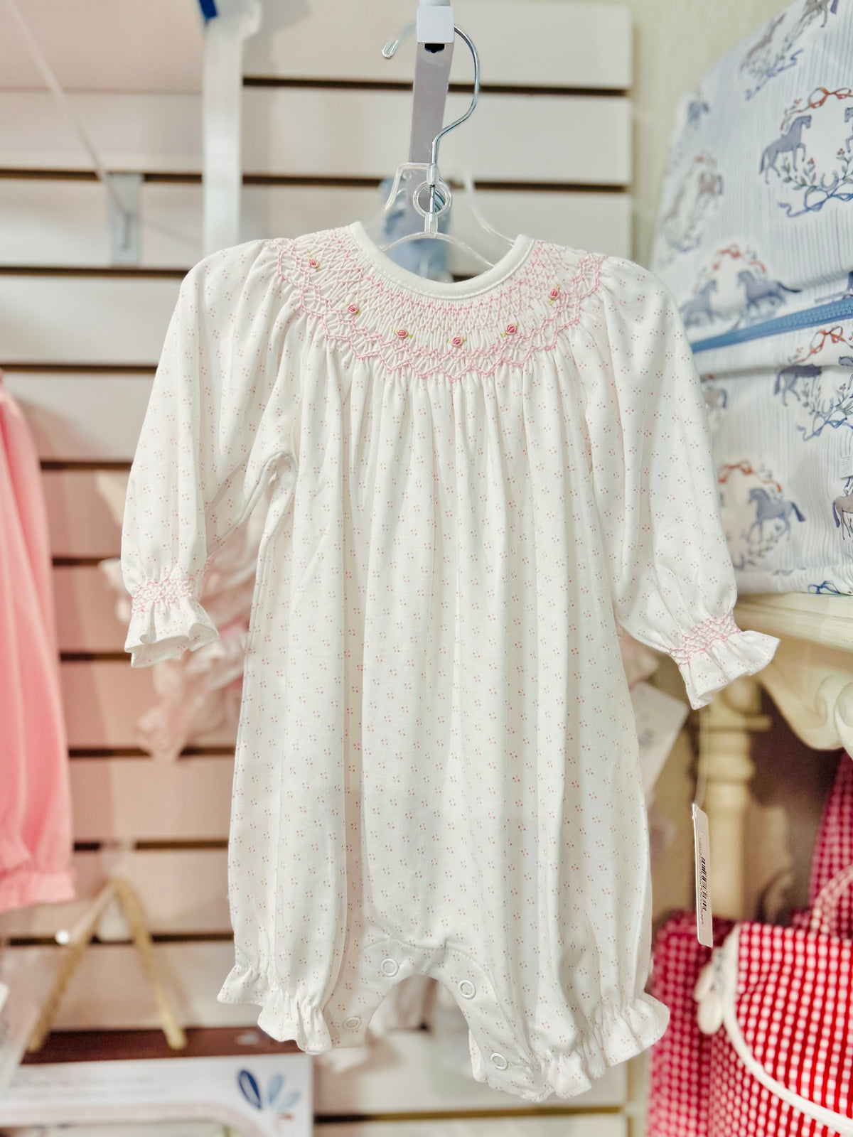 Sally Pink Dots Hand Smocked Bubble
