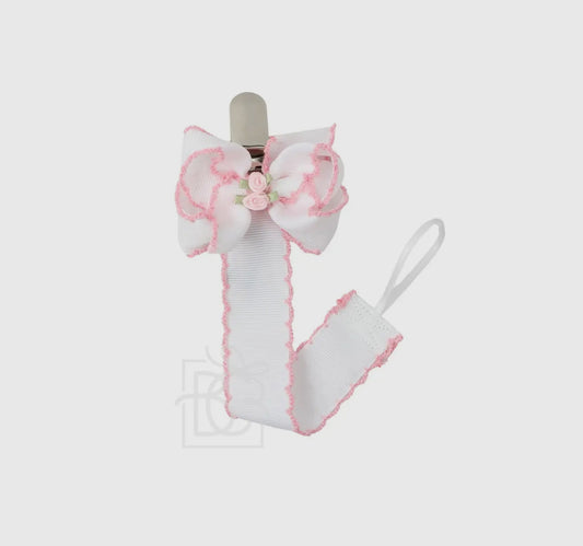 Crochet Edge Ribbon Paci Clip W/Rosebud