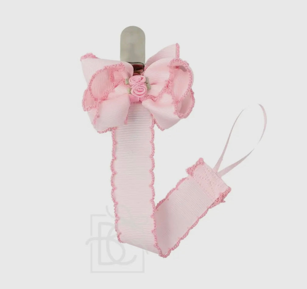 Crochet Edge Ribbon Paci Clip W/Rosebud