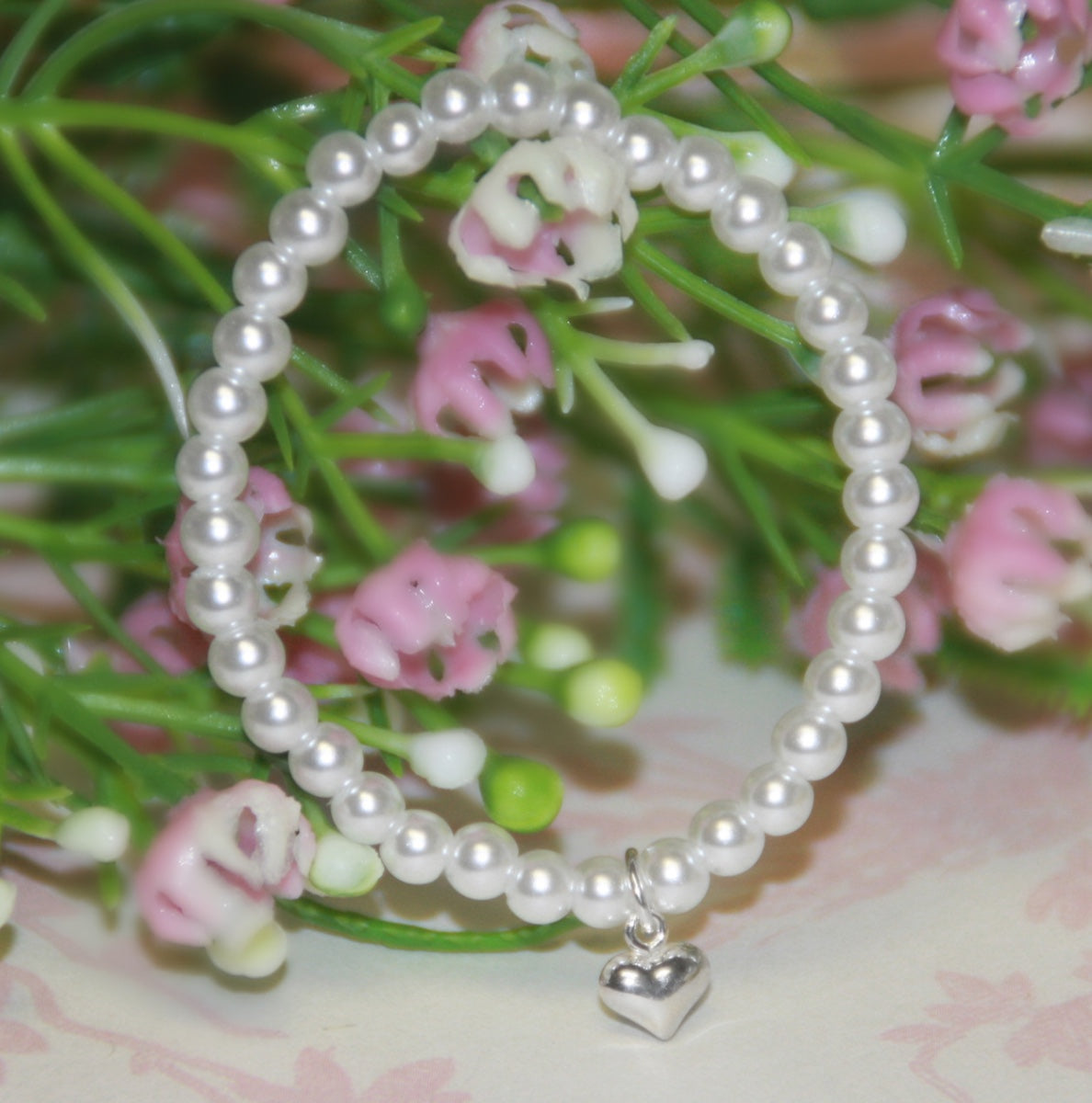 Sterling Puffed Heart Pearl Bracelet