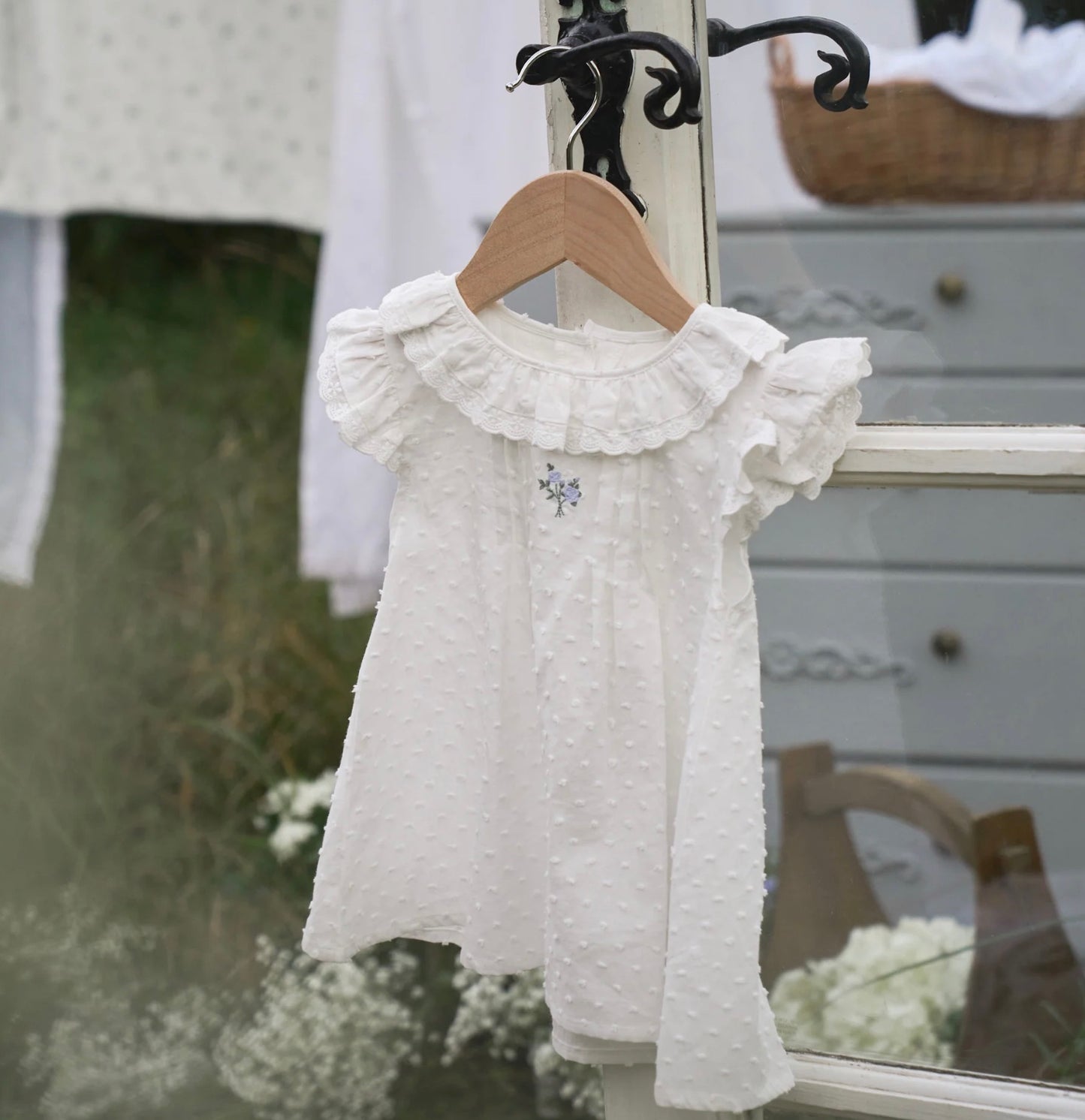 Swiss Dot Pintucked Dress w/ Rose