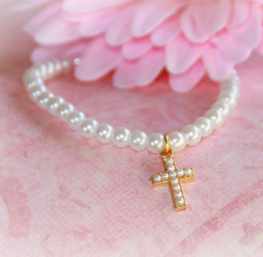 Gold Cross Pearl 6" Bracelet