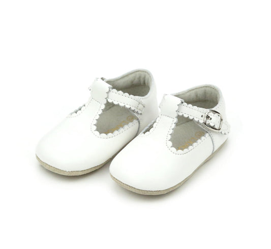 Elodie Girls Scalloped T-Strap Mary Jane Crib Shoe -White