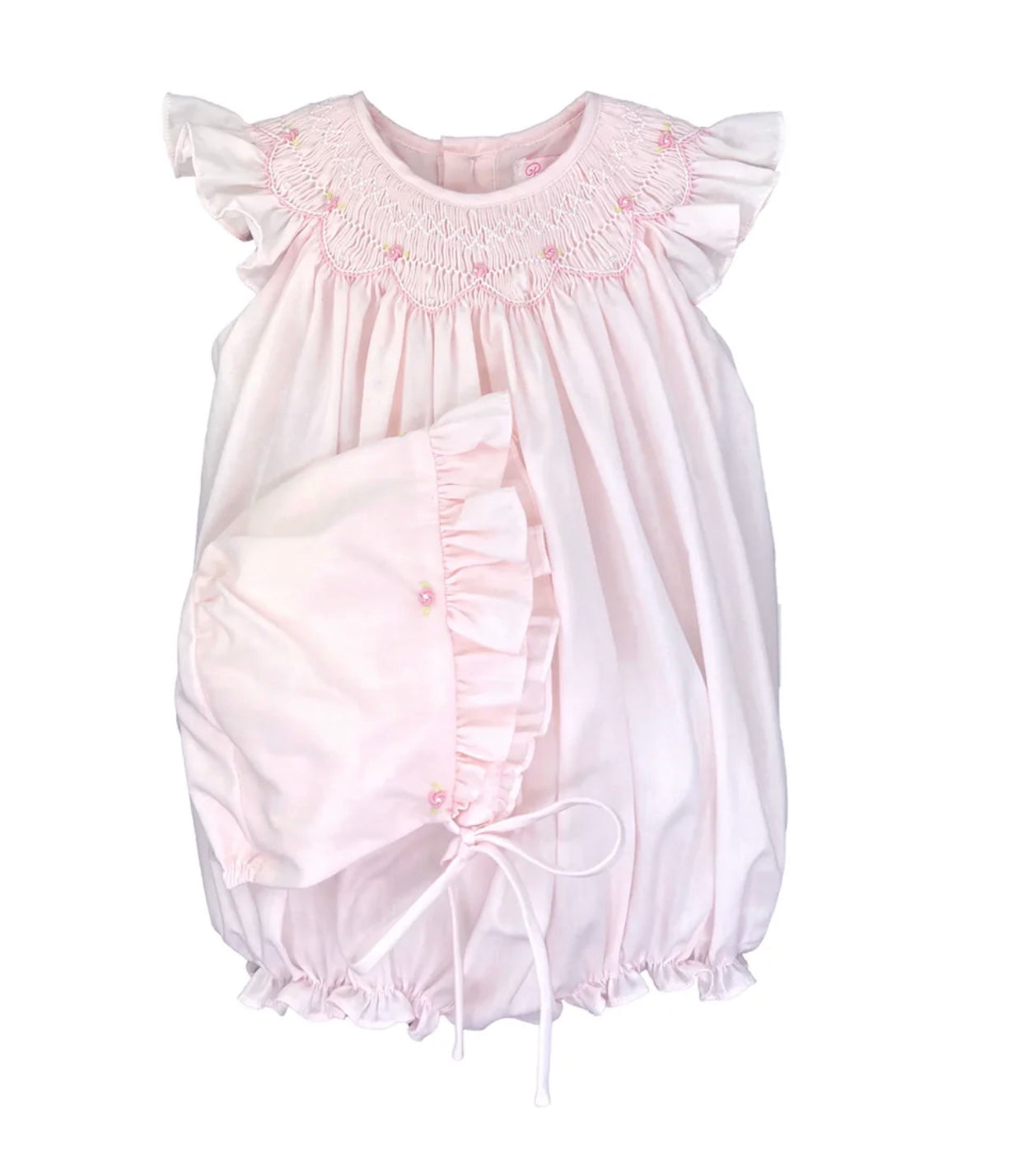 Smocked Pink Bishop Bubble with Bonnet
