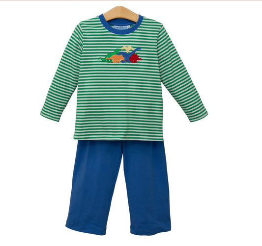 Children's outfit with green and white striped shirt and blue pants on a hanger.