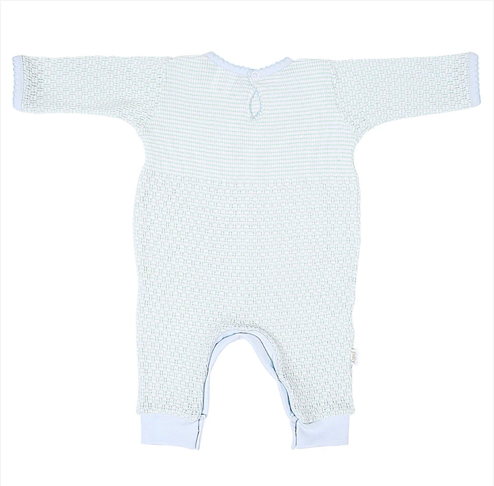 Paty Knit Mint Romper with Blue Trim